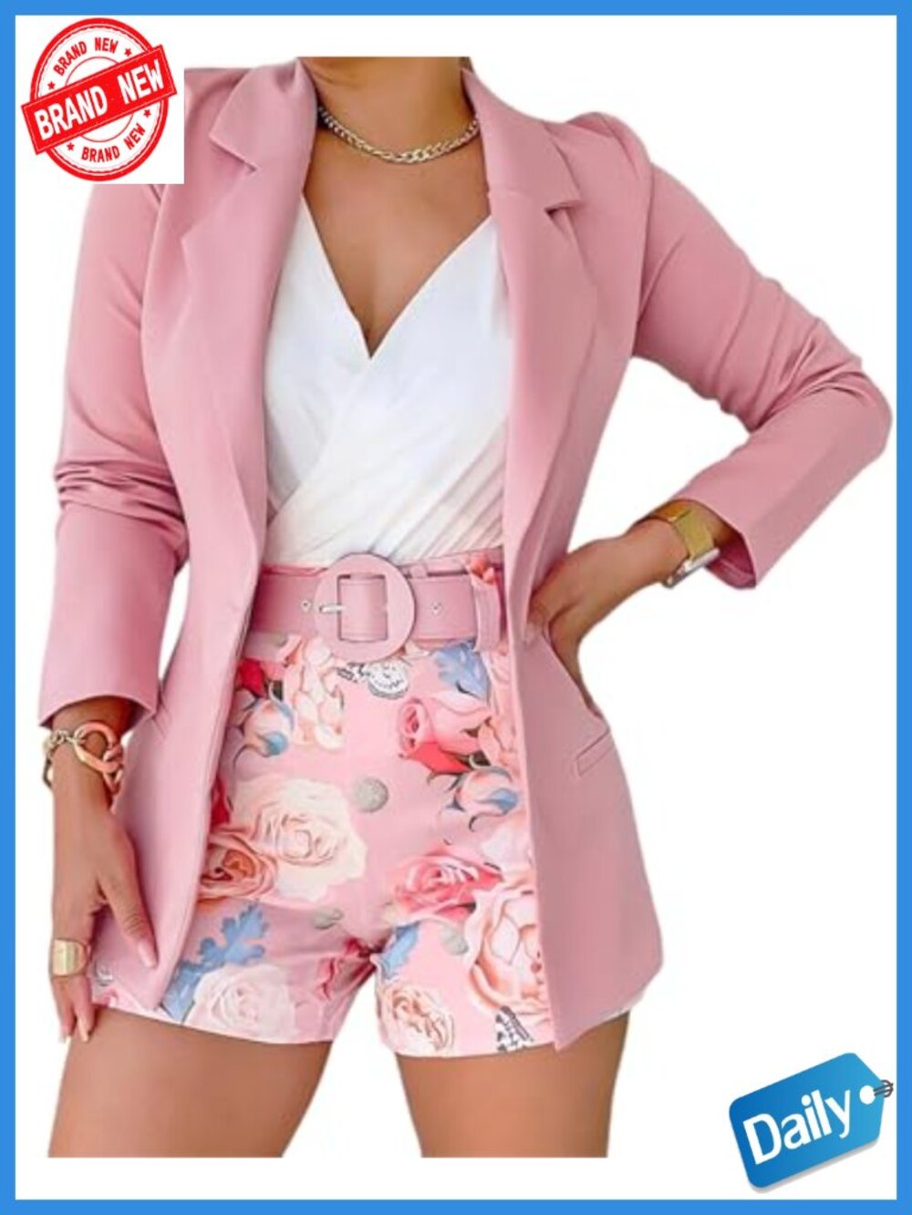 2 Piece Outfit Open Front Blazer Floral Shorts Set Belted Waist Functional
